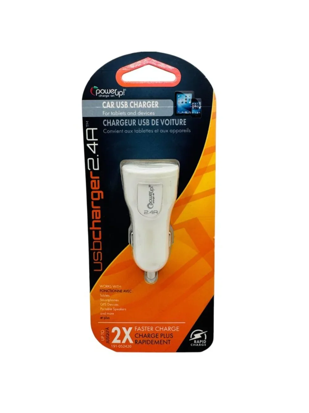 PowerUp! 2.4A Car USB Charger For Tablets & Devices - White - Rapid Charge Techn